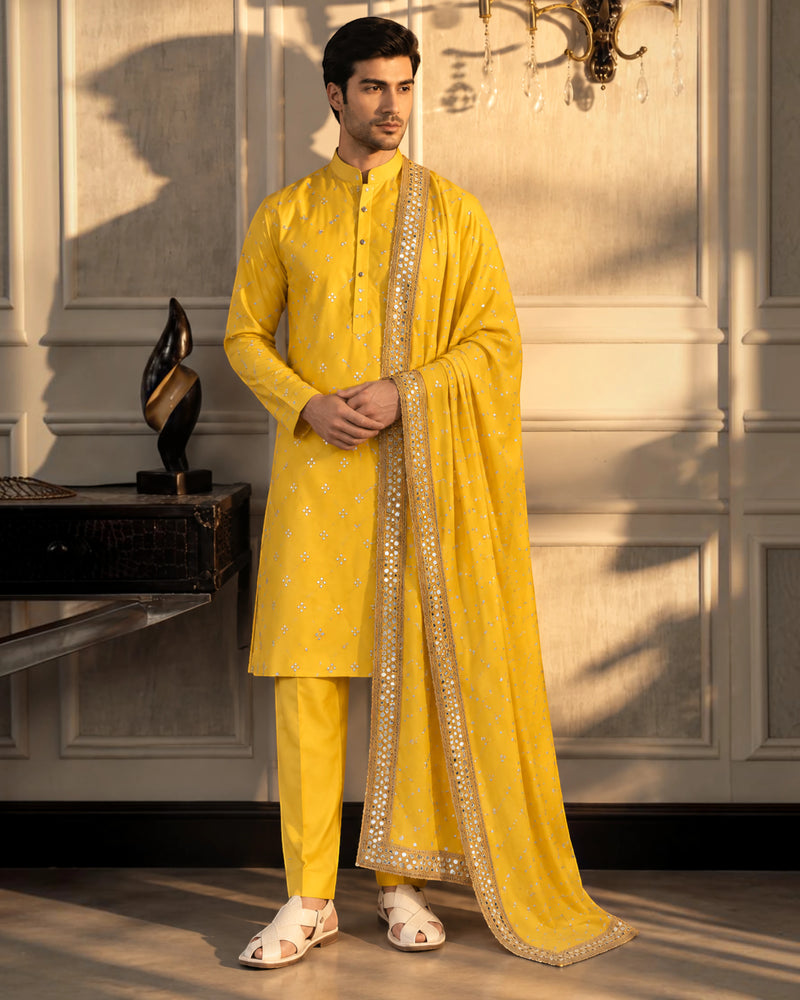 Badshahi - Mustard Gold Mirrorwork Shawl