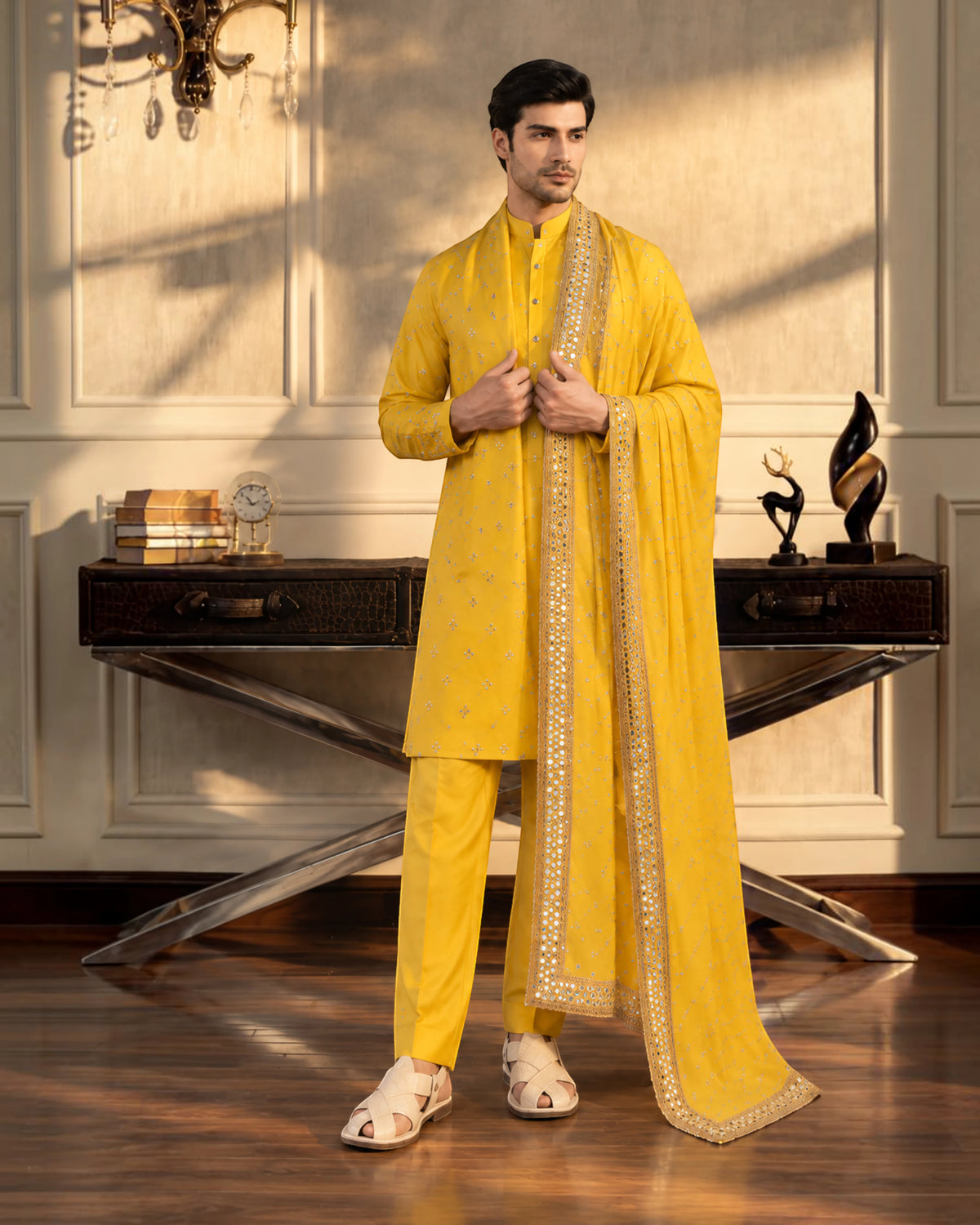 Badshahi - Mustard Gold Mirrorwork Shawl