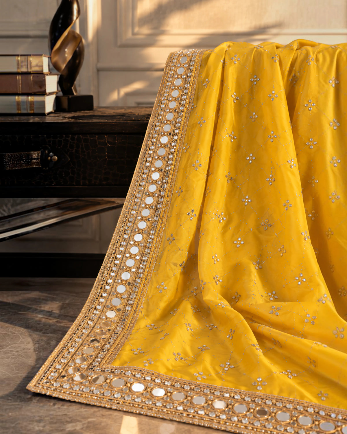 Badshahi - Mustard Gold Mirrorwork Shawl