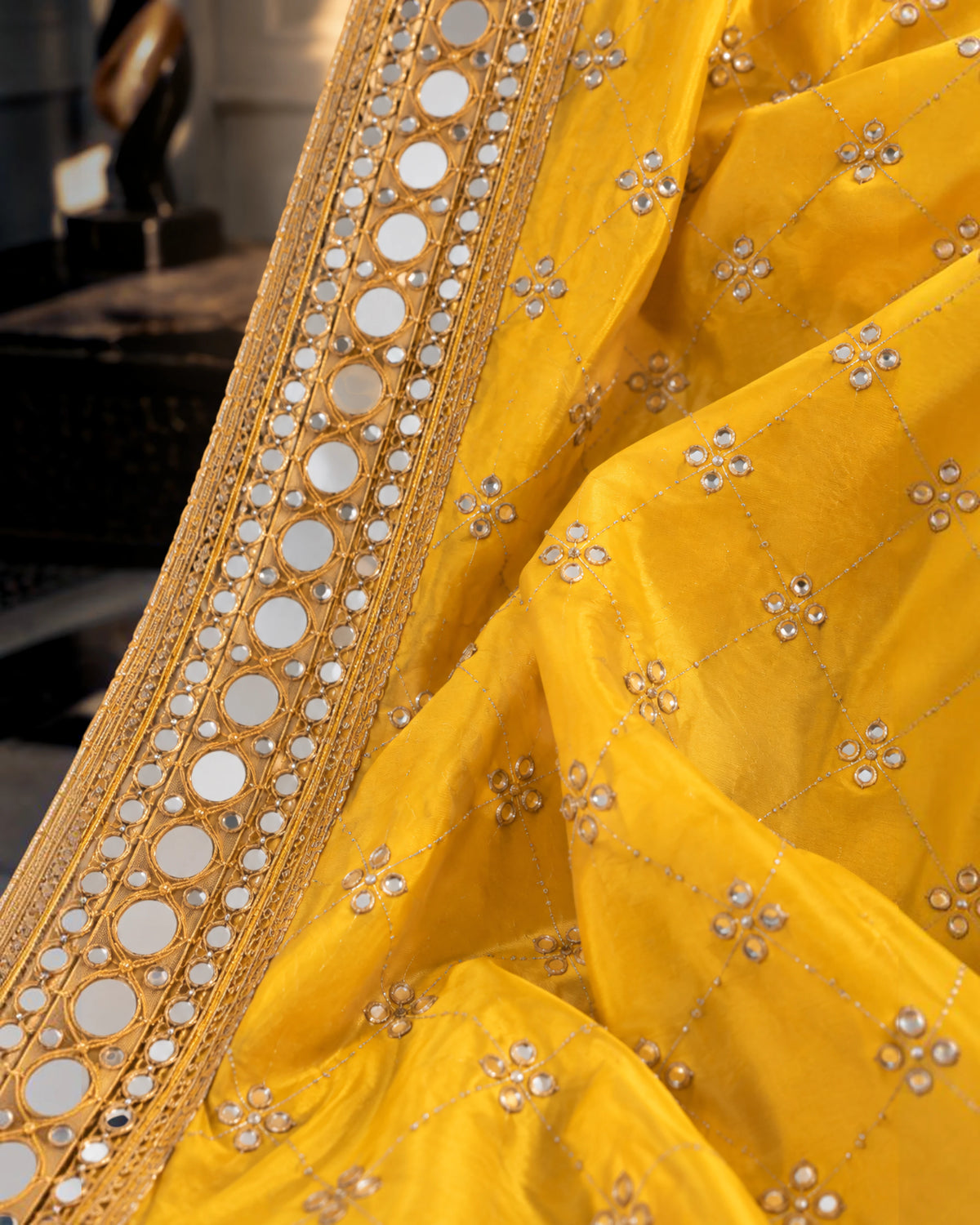 Badshahi - Mustard Gold Mirrorwork Shawl