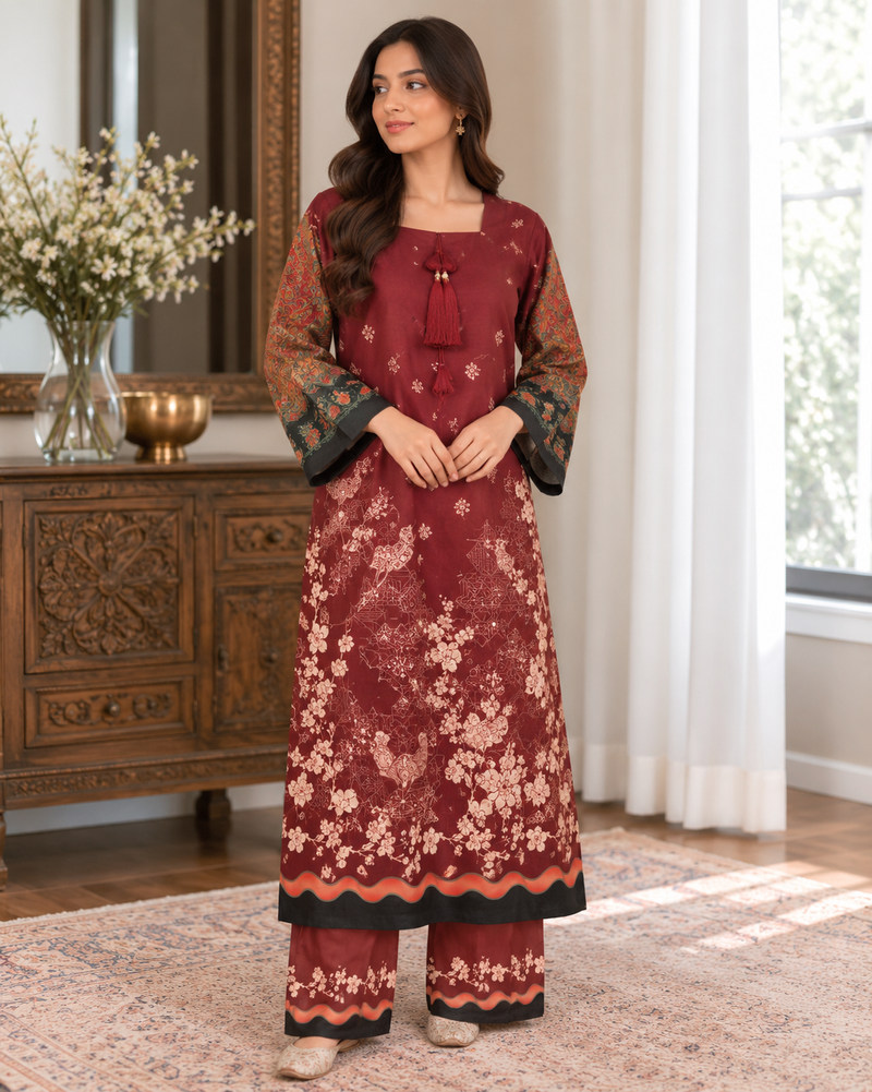 A woman modeling a traditional Indian salwar kameez suit in a warm, decorated room. The outfit features a deep maroon-red tunic with beige floral prints, a matching tie at the collar, and wide sleeves with green and gold patterns.