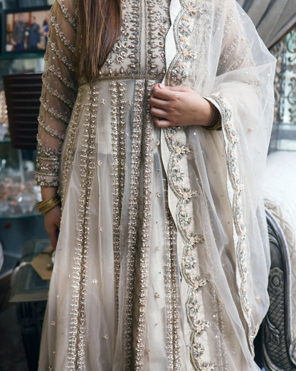 Close-up of a person wearing an intricately designed beige and gold traditional outfit with a sheer overlay.