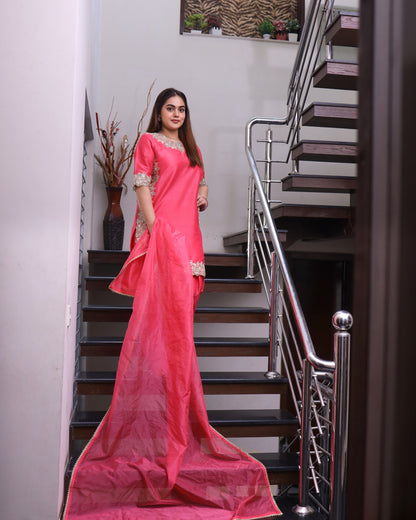 Woman in a pink saree standing on a staircase indoors