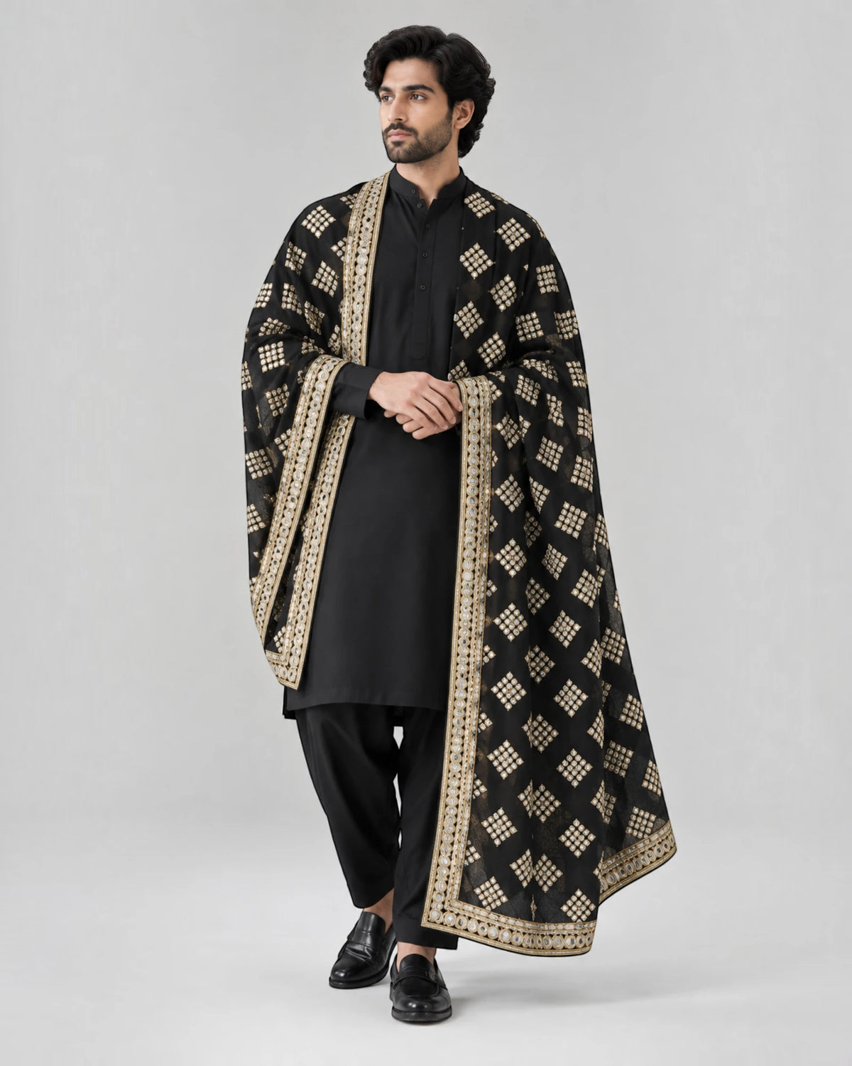 Saahil - Black & Gold Embroidered Shawl